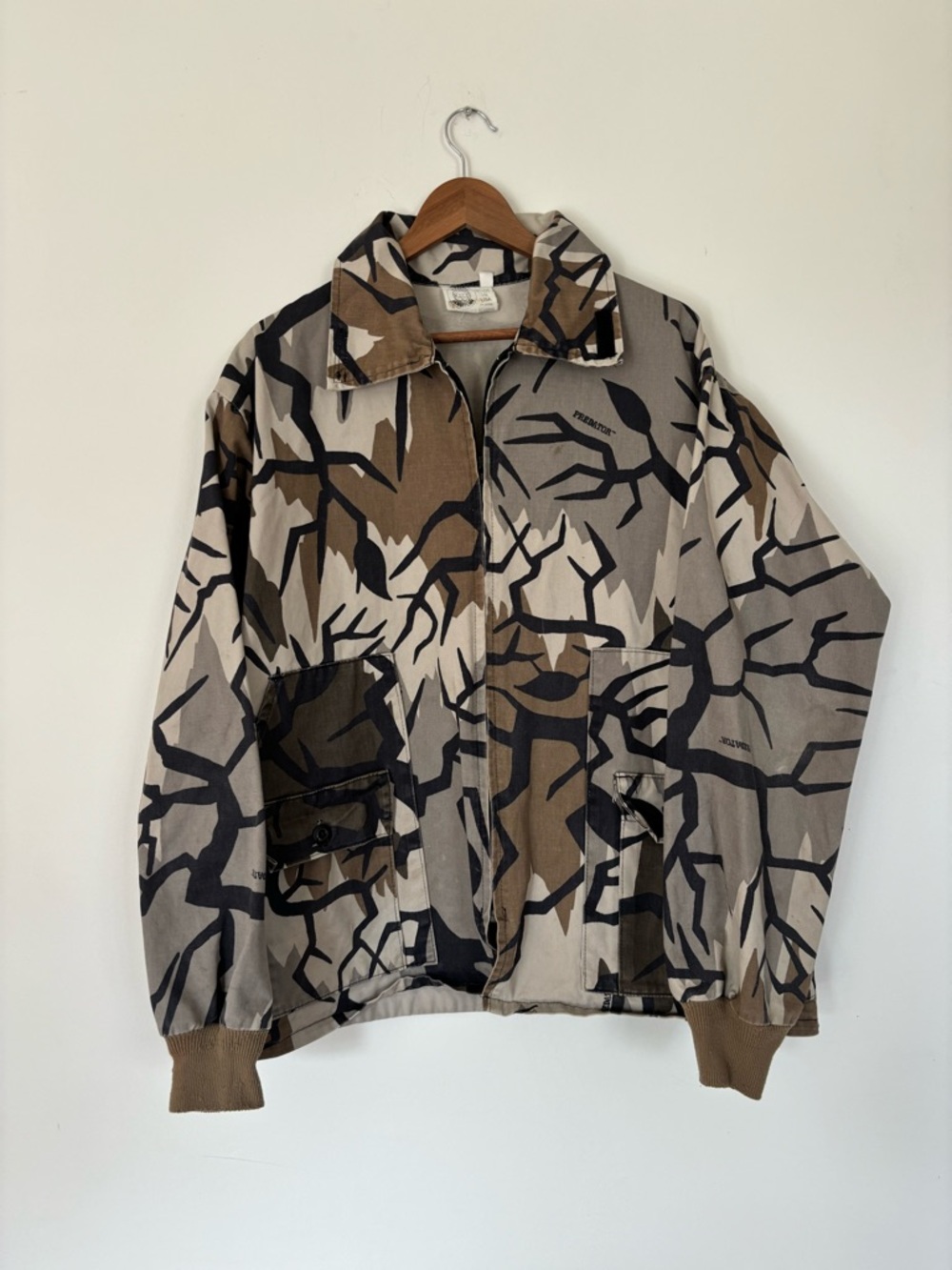 Vintage Predator Camo Hunting Jacket Zip Front Field Coat 100% Cotton Mens Large